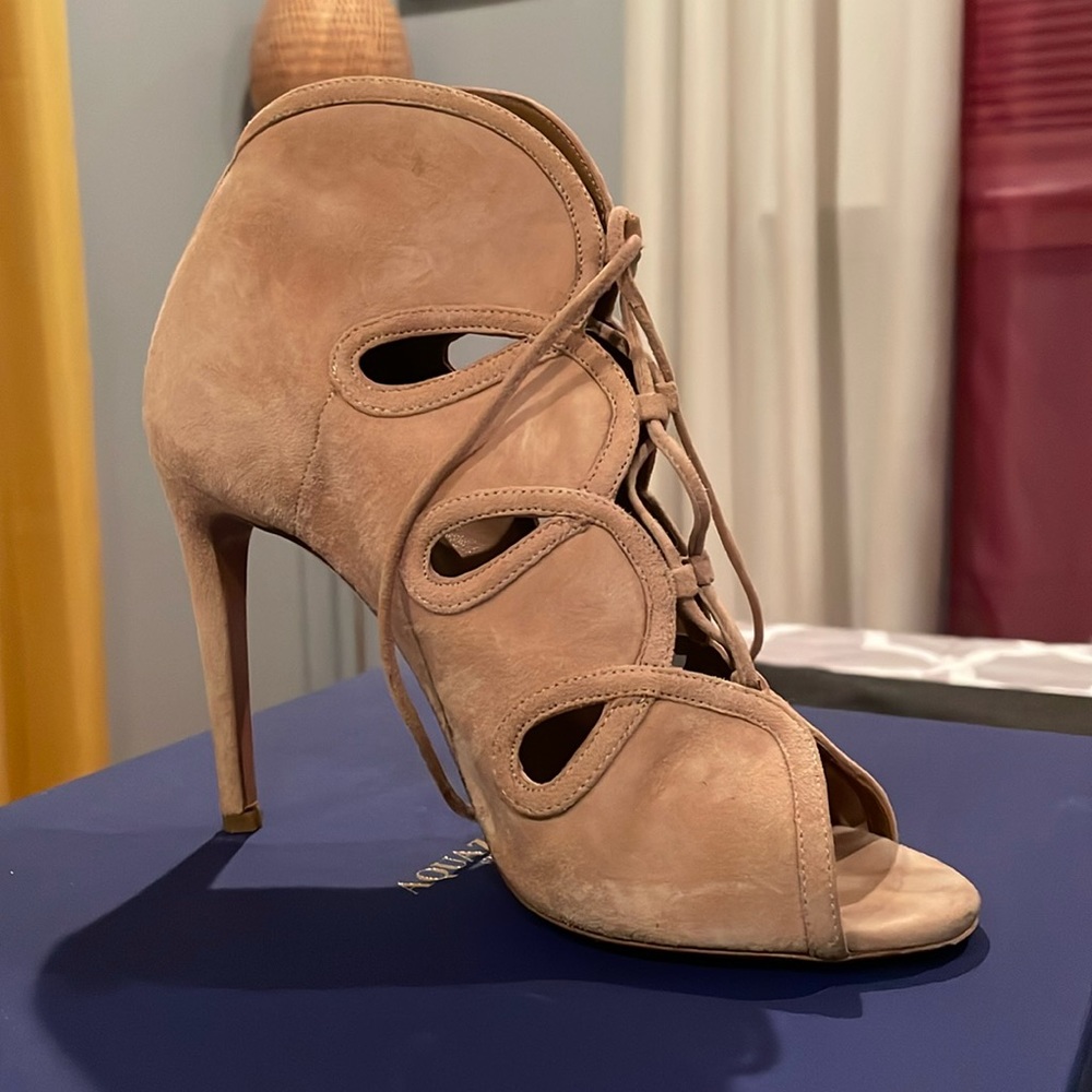 Aquazzura French Kiss 105 4 inch Nude Suede 36.5 Heels